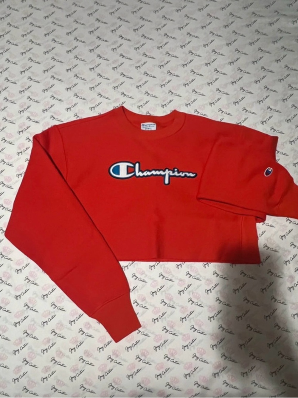Champion Red Cropped Logo Crewneck Sweatshirt